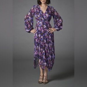 $450 NWT Small The Kooples Watercolor Floral Pleated Midi Dress Size 2 EU